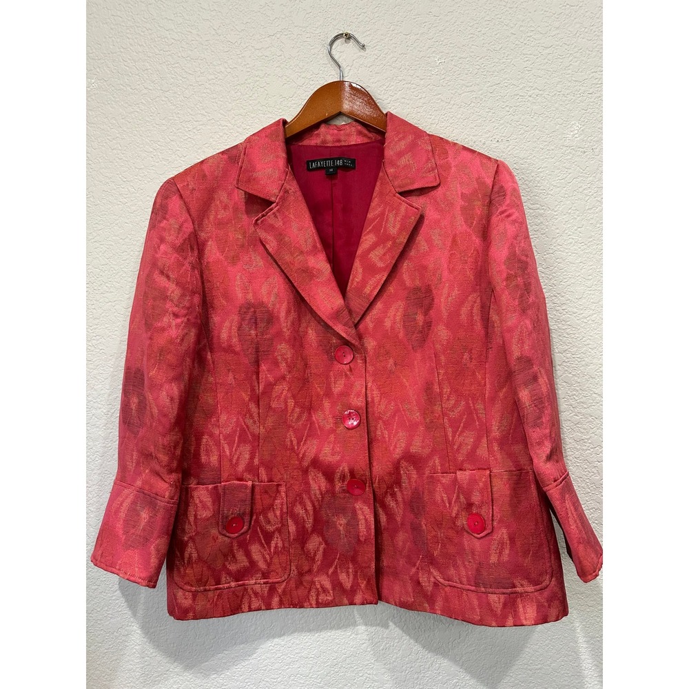 Lafayette 148 New York Pink Floral Linen Silk Jacquard Blazer Jacket Size 14